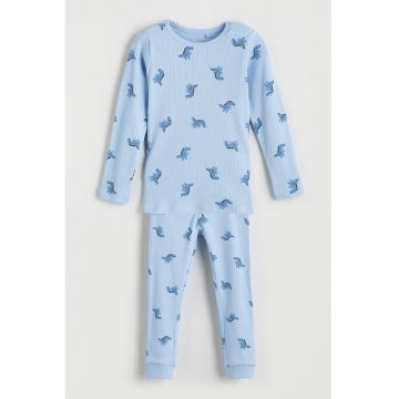 Pijama striata din amestec de bumbac cu dinozaur - Albastru glaciar