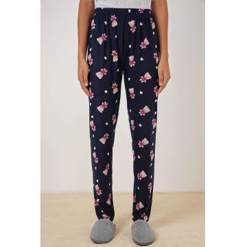 Pantaloni de pijama HiCCUP - model cu imprimeu ursuleti - poliester/jerseu - bleumarin