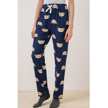 Pantaloni de pijama HiCCUP - poliester/elastan - model cu ursuleti - bleumarin
