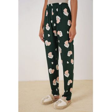 Pantaloni de pijama HiCCUP - poliester/elastan - model cu ursuleti si inimi - bleumarin