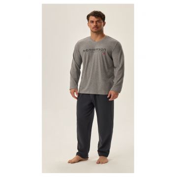 Pijama barbati  gri si bleumarin - bumbac - maneca lunga - set bluza si pantaloni