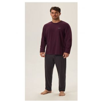 Pijama barbati  Hoax - bumbac - violet-gri - maneca lunga - pantaloni lungi - set bluza si pantaloni