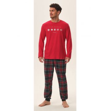 Pijama barbati  Honest - rosu - bumbac - imprimeu Craciun - bluza cu maneca lunga si pantaloni lungi