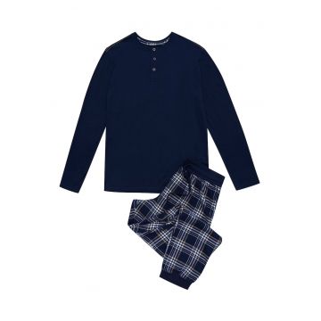 Pijama barbati  Honor - albastru - bumbac - maneca lunga - set bluza si pantaloni
