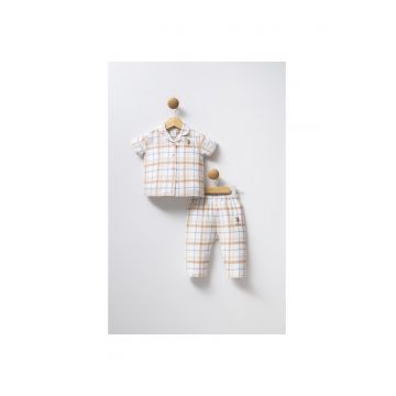 Pijama cu imprimeu si revere decupate  Alb