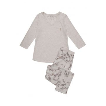 Pijama dama  bej - bumbac - imprimeu floral - maneca lunga - lungi