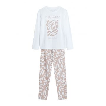 Pijama dama care combina confortul si stilul datorita aspectului lor modern si modelului floral in culori alb cream si bej - Dextra