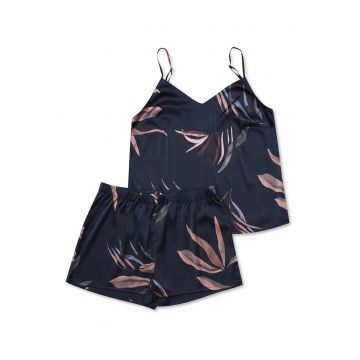 Pijamale dama  gri - poliester - imprimeu floral - fara maneca - pantaloni scurti -