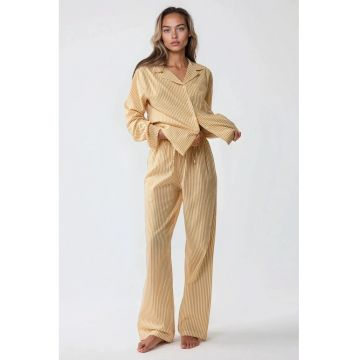 Set pijamale  bumbac cu dungi - galben - maneci lungi - guler clasic
