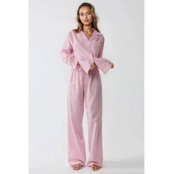 Set pijamale  bumbac cu dungi - roz - maneci lungi - guler clasic