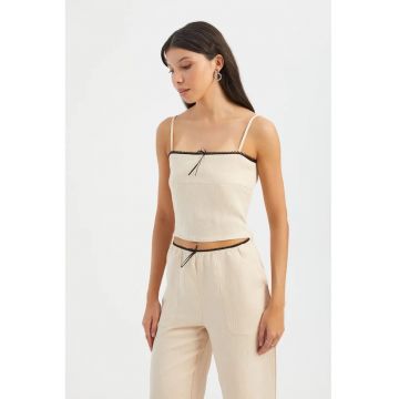 Top de pijama scurt -  cu dungi - guler patrat - bej - textil