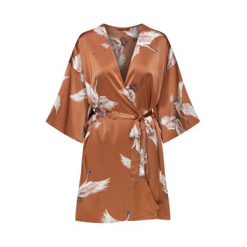 Halat dama  Jael - portocaliu - satin - imprimeu cu pasari - maneca lunga