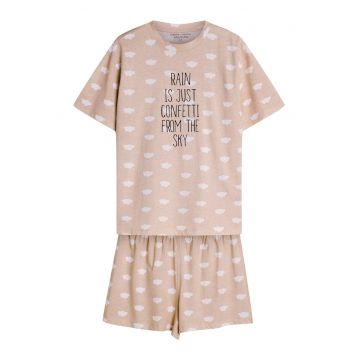 Pijama dama -  Nubes - bej nisip - bumbac - maneca scurta - pantaloni scurti
