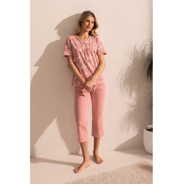 Pijama din bumbac cu imprimeu floral si maneci scurte Malena