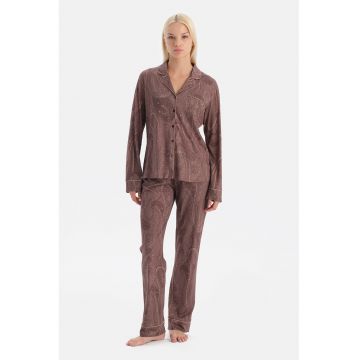 Pijama din bumbac si modal cu model si buzunar pe piept