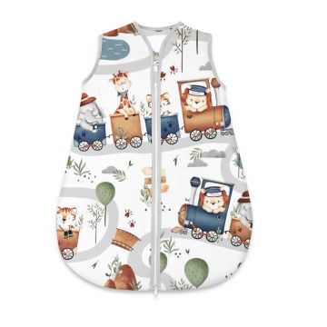 Sac de dormit, MimiNu, Pentru bebelusi, De iarna, Din bumbac certificat Oeko Tex Standard 100, Cu fermoar, 70 cm, 0 - 6 luni, 2.5 Tog, Zoo in train