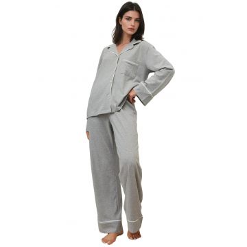 Set pijamale dama -  bumbac/jerseu - guler elegant - gri