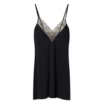 Camasa de noapte -  neagra - din viscoza - fara maneci - cu decolteu in V - cu broderie florala -