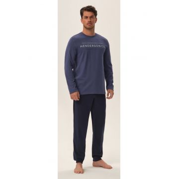 Pijama barbati  albastru - bumbac - bluza si pantaloni - maneca lunga