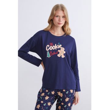 Pijama cu imprimeu si maneci lungi - Verde/Maro/Bleumarin