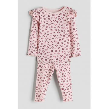 Pijama cu pantaloni lungi din amestec de bumbac - Visiniu/Roz pal