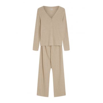 Pijama dama din doua piese - cu maneca lunga - bej nisip - Cori