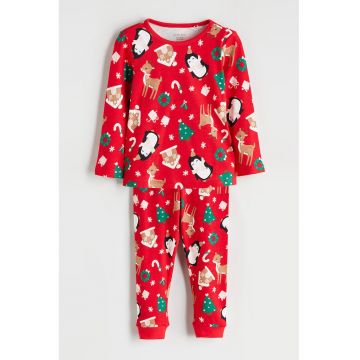 Pijama de bumbac cu imprimeu tematic de Craciun