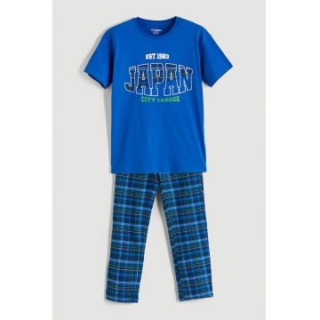 Pijama de bumbac cu imprimeu - Albastru royal/Verde feriga/Bleumarin