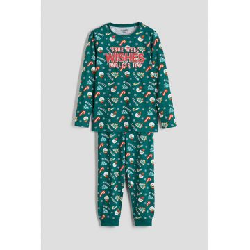 Pijama de bumbac cu maneci lungi si imprimeu de Craciun