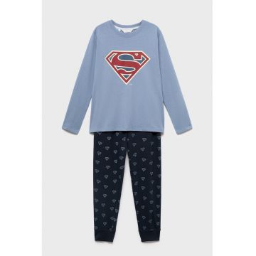 Pijama de bumbac cu pantaloni lungi si imprimeu Superman
