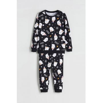Pijama din bumbac cu imprimeu - Alb/Negru