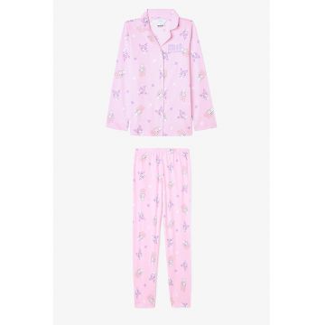 Pijama din bumbac cu nasturi si imprimeu