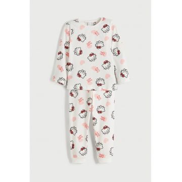 Pijama din bumbac cu pantaloni lungi si imprimeu - Alb