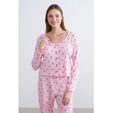 Pijama lunga cu model floral - Roz deschis