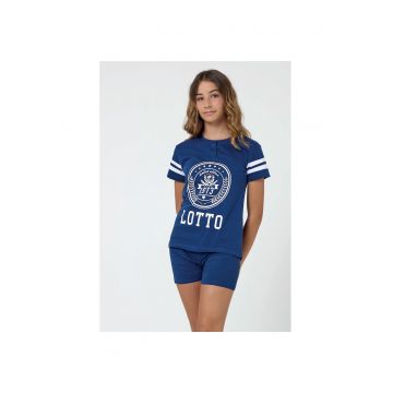 Pijama scurta cu imprimeu logo supradimensionat