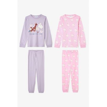 Set de pijama cu pantaloni lungi si decolteu la baza gatului - 2 perechi