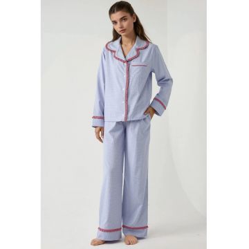 Set pijamale dama -  guler camasa - bumbac/poliester - albastru