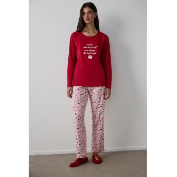 Bluza de pijama cu decolteu rotund si imprimeu text - Rosu/Alb