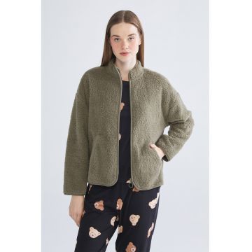 Bluza de pijama din material teddy cu fermoar - Kaki