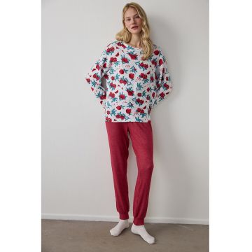 Bluza de pijama lejera cu model termic - Rosu/Alb