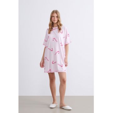 Camasa de noapte cu imprimeu si maneci scurte - Roz pastel