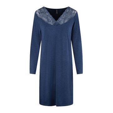 Camasa de noapte cu maneci lungi si garnituri din dantela - Albastru inchis