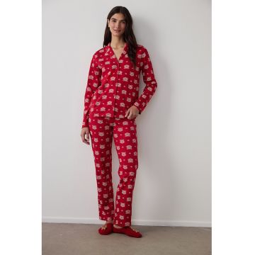 Camasa de pijama cu model si revere decupate - Rosu