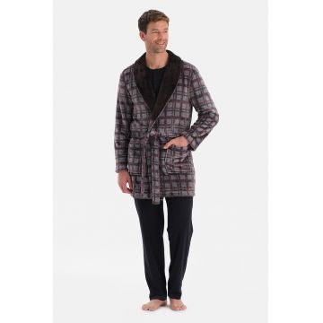 Halat de baie de plus cu model in carorui - Maro/Rosu inchis/Gri cenusiu