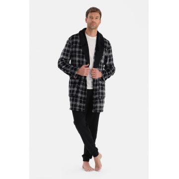 Halat de baie in carouri cu buzunar - Negru/Gri cenusiu