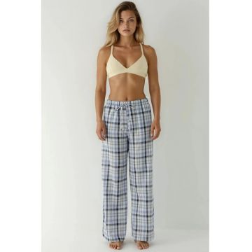 Pantaloni de loungewear -  bumbac - picior larg - carouri - albastru