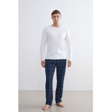 Pantaloni de pijama in carouri cu snur - Alb/Bleumarin