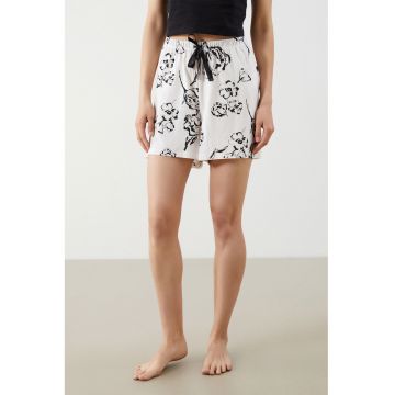 Pantaloni scurti de pijama cu snur in talie si model floral - Alb/Negru