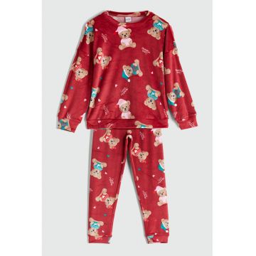 Pijama cu aspect de catifea si model - Maro/Rosu inchis/Roz