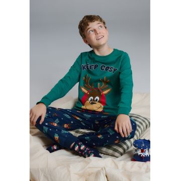 Pijama cu decolteu la baza gatului si imprimeu grafic - Maro inchis/Verde feriga/Bleumarin